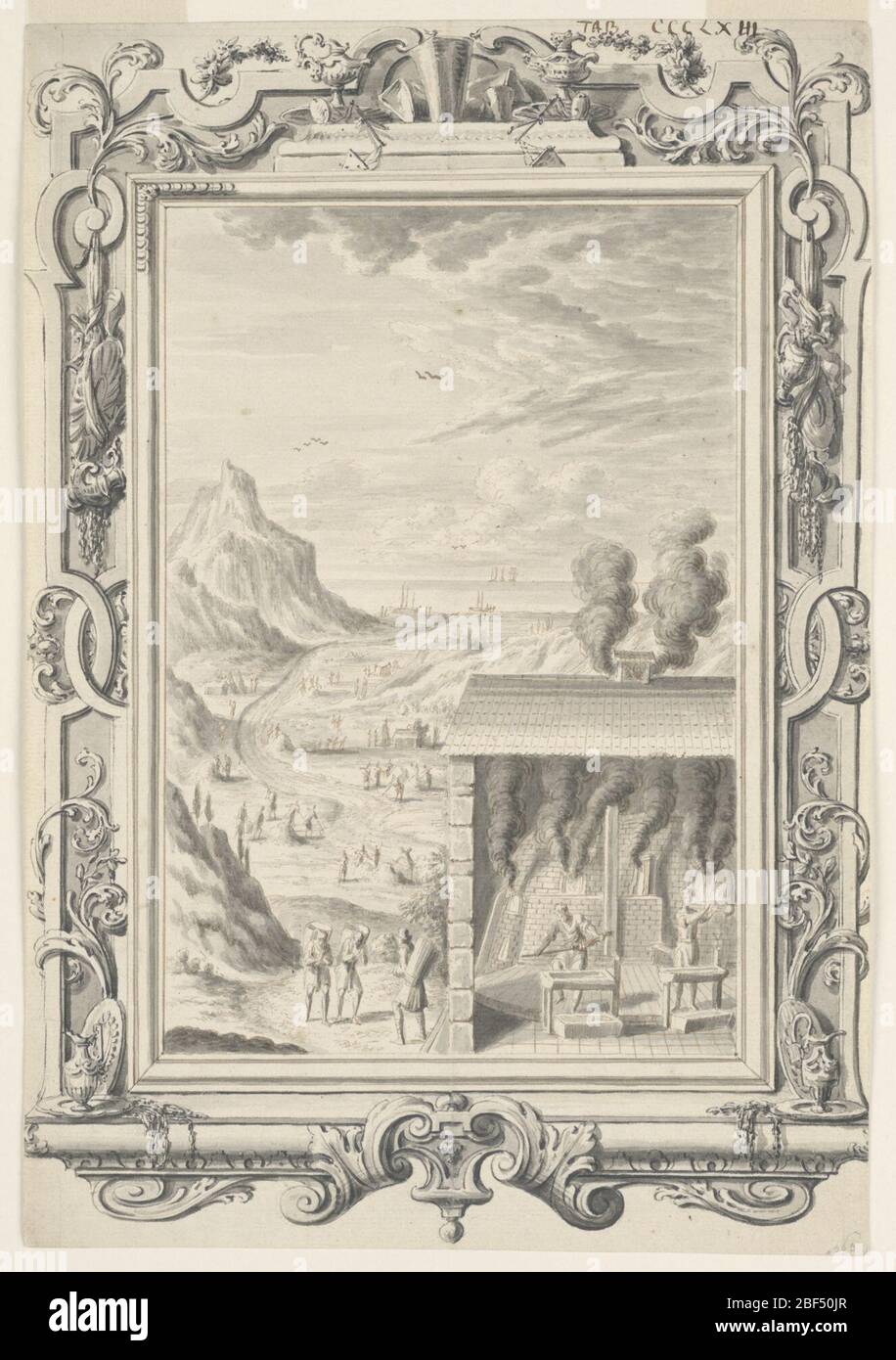 Studie zur Herstellung von Glas der Schatz versteckt in der Sandplatte 363 Physica Sacra. Zwei Männer sind gezeigt, Glas auf der rechten Seite in einem kleinen Gebäude mit einem großen Ofen innen emittieren eine große Menge Rauch. Links erscheinen drei Männer mit schweren Lasten auf dem Rücken. Stockfoto