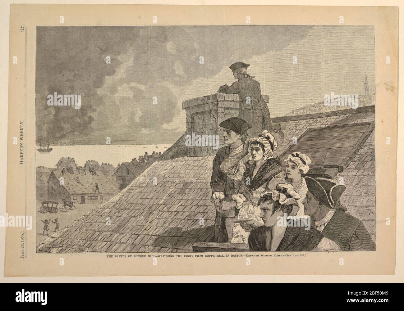 Die Schlacht von Bunker Hill beim Kampf von Copps Hill in Boston. Figuren, rechts, die Schlacht von Bunker Hill von einem Dach aus beobachten. Schiff im Hafen in der Ferne gesehen. Stockfoto
