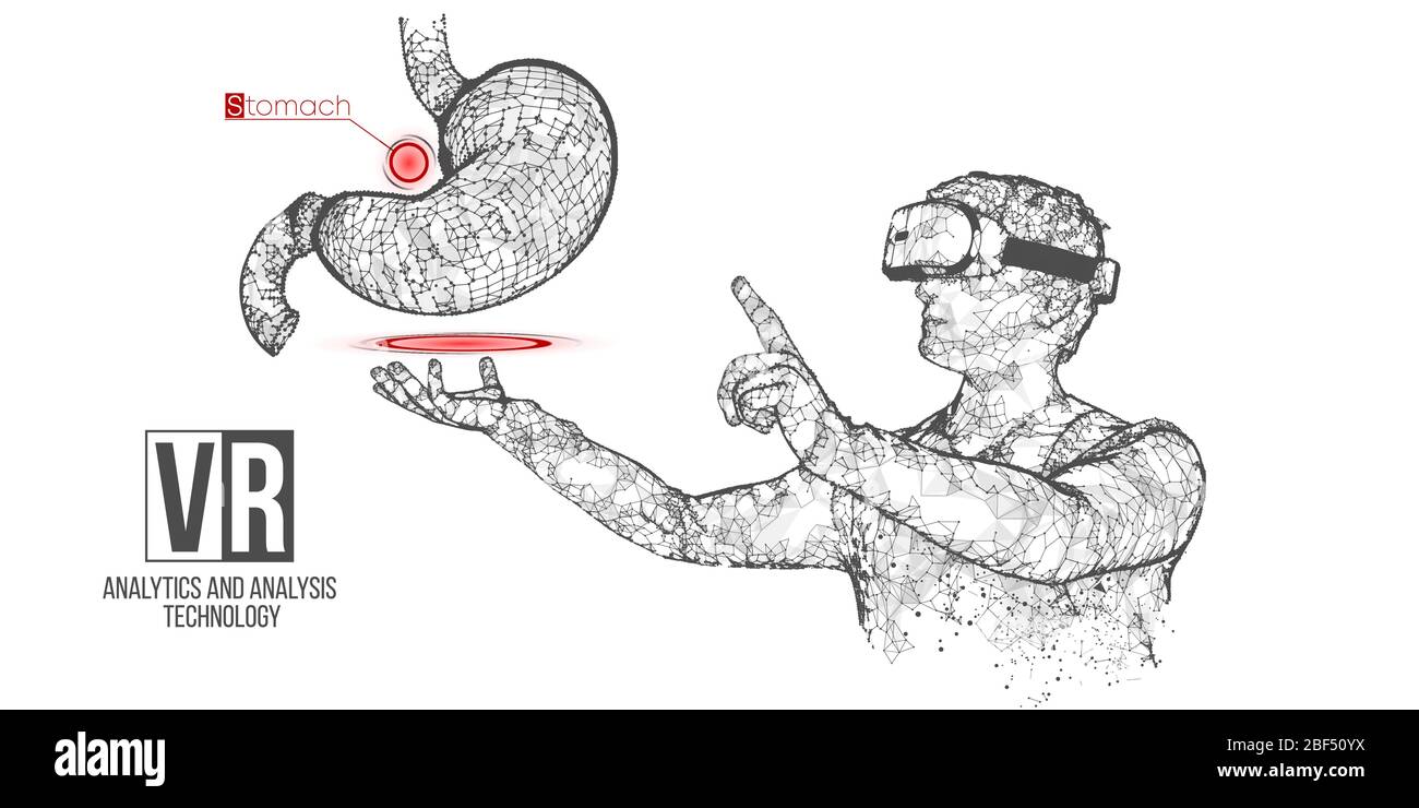 VR Wireframe Headset Vektor Banner. Polygonaler Mann trägt Virtual-Reality-Brille, mit holographischen Magen. Wissenschaftliche Diagnostik, virtuelle Analytik Stock Vektor