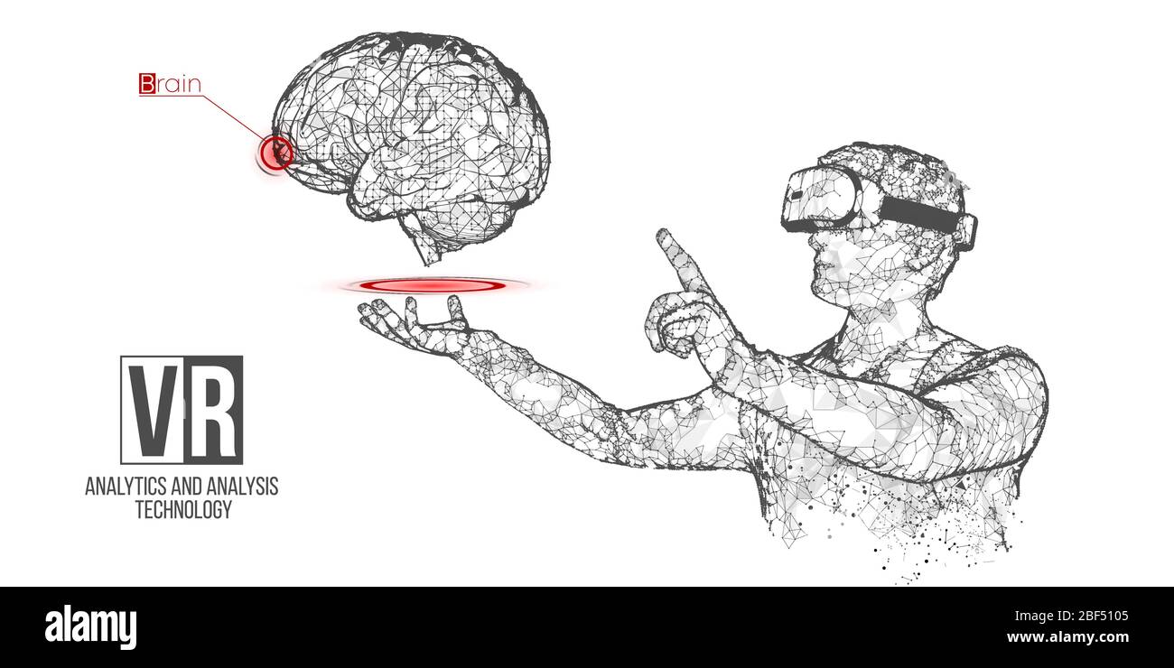 VR Wireframe Headset Vektor Banner. Polygonaler Mann trägt Virtual-Reality-Brille, mit Holographik des Gehirns. Wissenschaft, Diagnostik, virtuelle Analytik Stock Vektor