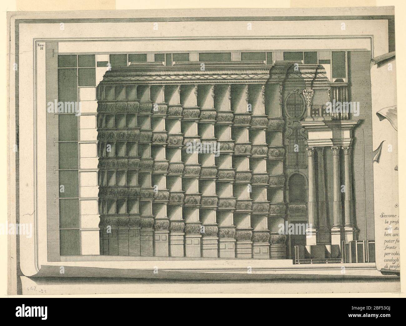 Teil des Hauses und Proscenium. Architekturdarstellung im horizontalen Format. Platte II, Oberteil, links, ähnlich 1938-57-1385. Rechts ist der linke Rand eines imaginären Blattes, mit dem Anfang der Linien der Überschrift der Gravur. Stockfoto