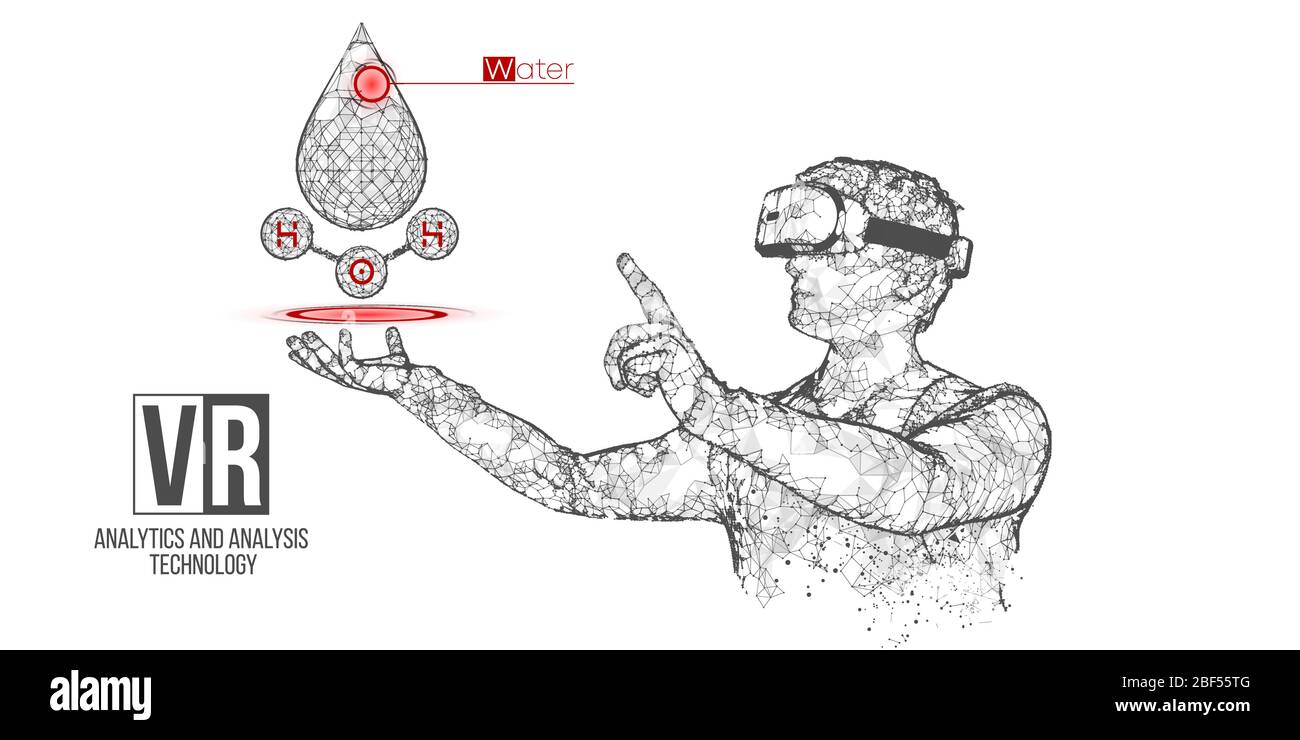 VR Wireframe Headset Vektor Banner. Polygonaler Mann trägt Virtual Reality Brille, mit holographischem Wasser. Wissenschaft, Diagnostik, virtuelle Analytik Stock Vektor