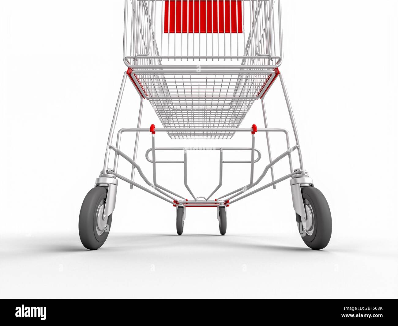 First-Person-Ansicht eines Warenkorbs auf weißem Hintergrund. Niemand da, 3d-Rendering. Konzept des E-Commerce und Online-Shopping. Stockfoto