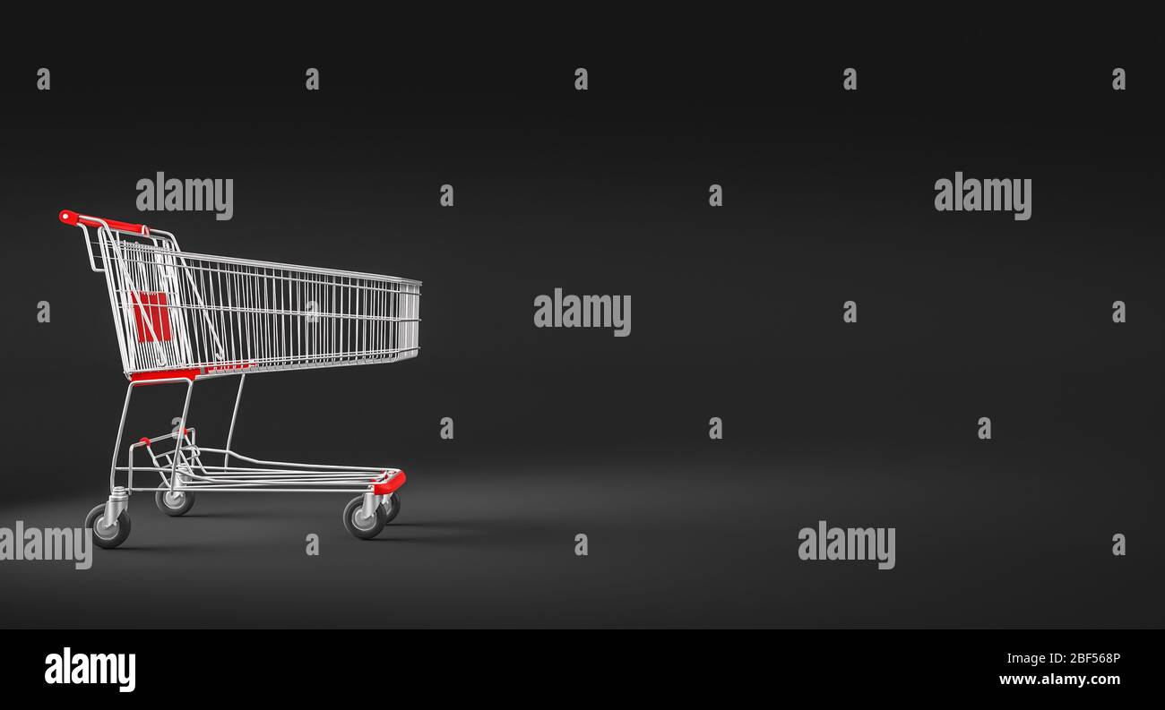 Metall-Shopping-Trolley auf dunklem Hintergrund, Seitenlicht. 3d Render. Shopping, Shopping und E-Commerce Konzept. Stockfoto