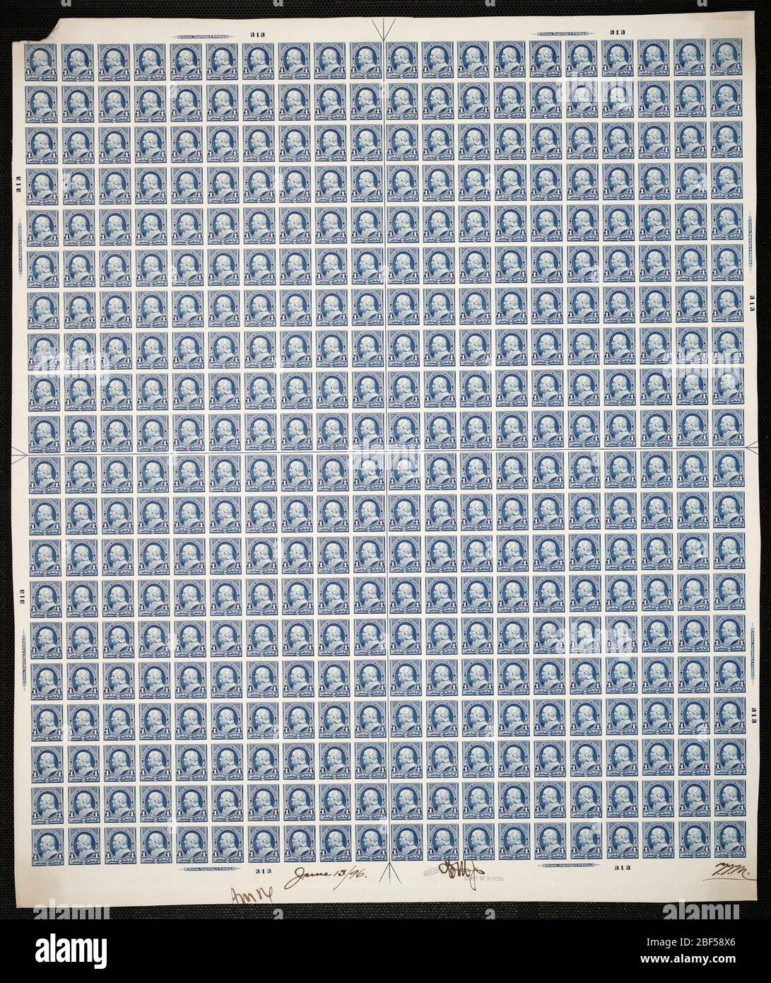 1c Franklin Plattenfest. Zertifizierte Plattenproofs sind der letzte gedruckte Proof der Platte vor dem Druck der Stempel im Büro für Gravur und Druck. Diese Plattenproofs sind jeweils eindeutig, mit den Genehmigungsunterschriften und dem Datum. Stockfoto