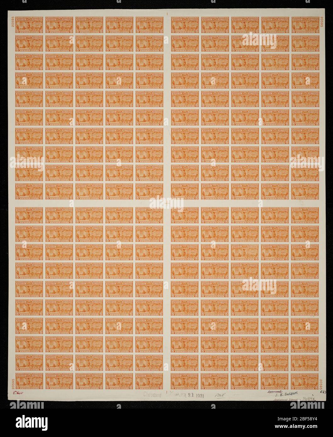 15c Motorrad Lieferung plattenfest. Zertifizierte Plattenproofs sind der letzte gedruckte Proof der Platte vor dem Druck der Stempel im Büro für Gravur und Druck. Diese Plattenproofs sind jeweils eindeutig, mit den Genehmigungsunterschriften und dem Datum. Stockfoto