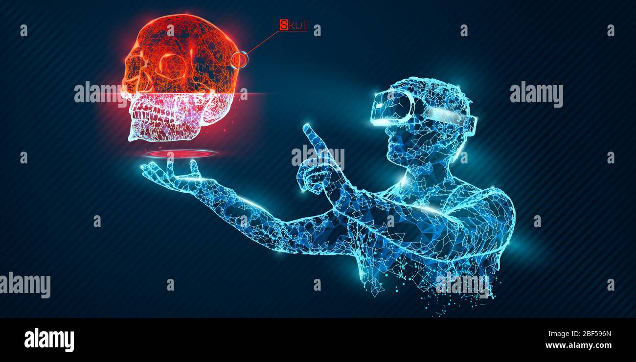 VR Wireframe Headset Vektor Banner. Polygonaler Mann trägt Virtual-Reality-Brille, mit Hologramm des Schädels. Wissenschaft, Diagnostik, virtuelle Analytik Stock Vektor