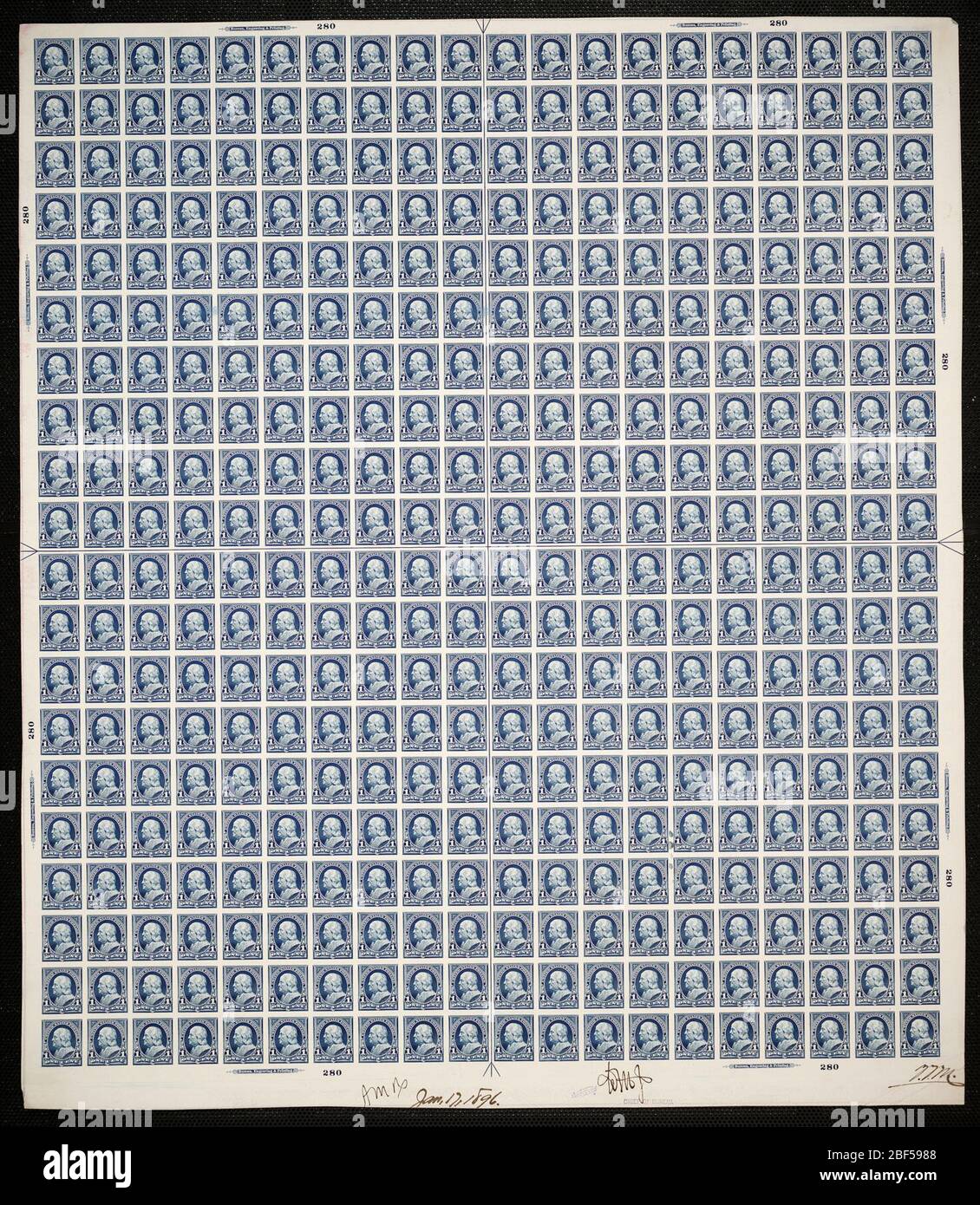 1c Franklin Plattenfest. Zertifizierte Plattenproofs sind der letzte gedruckte Proof der Platte vor dem Druck der Stempel im Büro für Gravur und Druck. Diese Plattenproofs sind jeweils eindeutig, mit den Genehmigungsunterschriften und dem Datum. Stockfoto