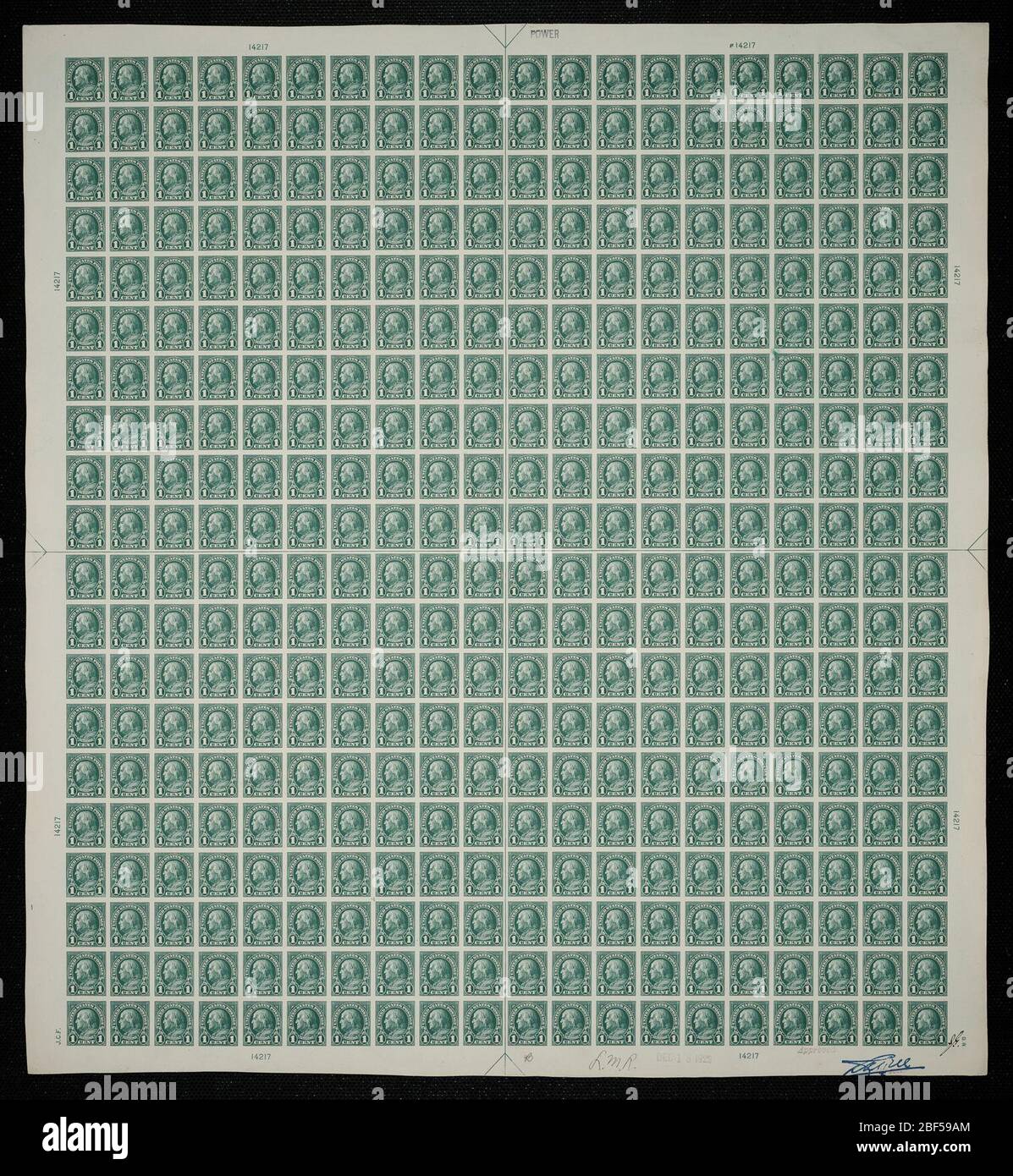 1c Franklin Plattenfest. Zertifizierte Plattenproofs sind der letzte gedruckte Proof der Platte vor dem Druck der Stempel im Büro für Gravur und Druck. Diese Plattenproofs sind jeweils eindeutig, mit den Genehmigungsunterschriften und dem Datum. Stockfoto