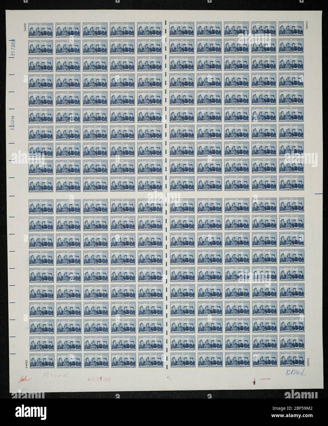 3c Service Frauen, plattenfest. Zertifizierte Plattenproofs sind der letzte gedruckte Proof der Platte vor dem Druck der Stempel im Büro für Gravur und Druck. Diese Plattenproofs sind jeweils eindeutig, mit den Genehmigungsunterschriften und dem Datum. Stockfoto