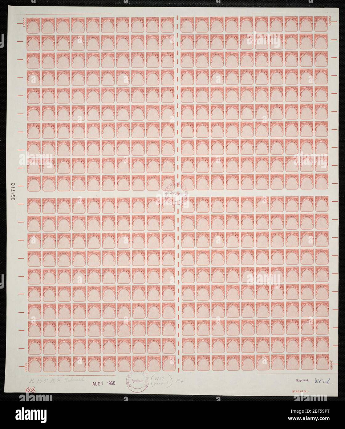 US Postage Due Frame Plate Proof. Zertifizierte Plattenproofs sind der letzte gedruckte Proof der Platte vor dem Druck der Stempel im Büro für Gravur und Druck. Diese Plattenproofs sind jeweils eindeutig, mit den Genehmigungsunterschriften und dem Datum. Stockfoto