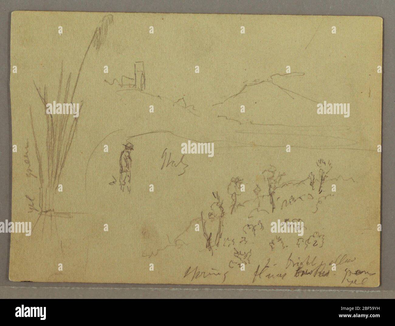 Skizzen aus Italien Gebäude mit einem Turm Berg und Mann. Recto: Horizontale Ansicht eines Hügels mit einem Gebäude mit einem Turm oben im linken Vordergrund und einem Berg hinten rechts; ein Mann ist unter und neben und Linien in der Mitte gezeigt; an bewaldeten Hang unten rechts; und hohe Unkraut links.Verso: Ver Stockfoto