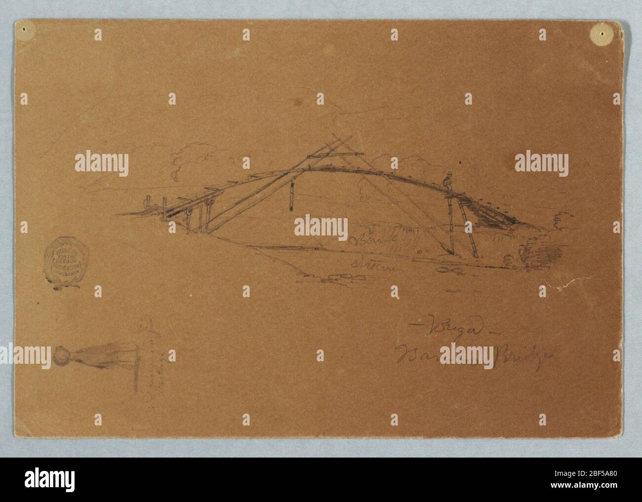 Bambusbrücke in Buga Kolumbien und Mädchen mit einem Glas Cartago Kolumbien. Eine detaillierte Studie einer Bambusbrücke ist in der Mitte des Blattes gezeigt. Die Brücke ist über einem Bach gewölbt und von Streben gestützt, die in der Mitte über dem Gang verbunden sind. Rechts ist eine Figur eines Mannes zu sehen, der geht. Stockfoto