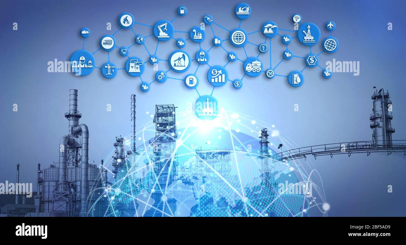 Die Doppelbelastung von Industrie 4.0 mit Hintergrund der Öl- und Gasraffinerie. Icons Konzept Technologie der produzierenden und der Raffinierungsindustrie Stockfoto