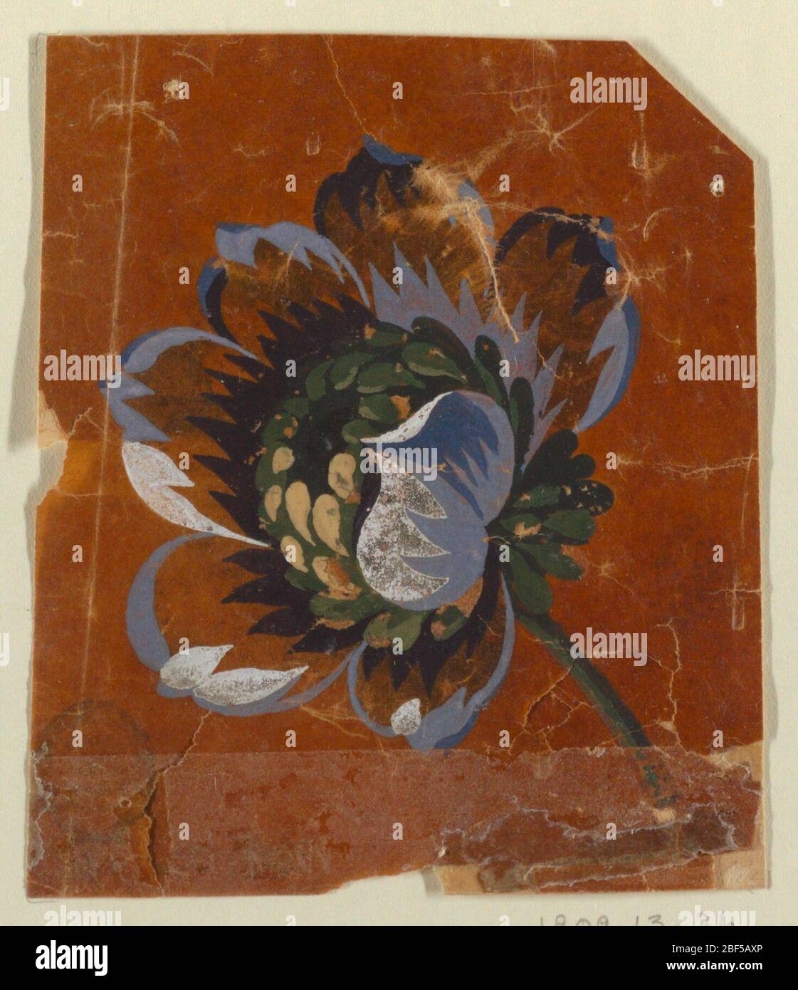 Design für ein gewebtes Gewebe. Eine phantastische, große Blüte auf einem aufrechten Stamm, nach links gerichtet. Die Blüte kommt in 1909-13-24. Stockfoto