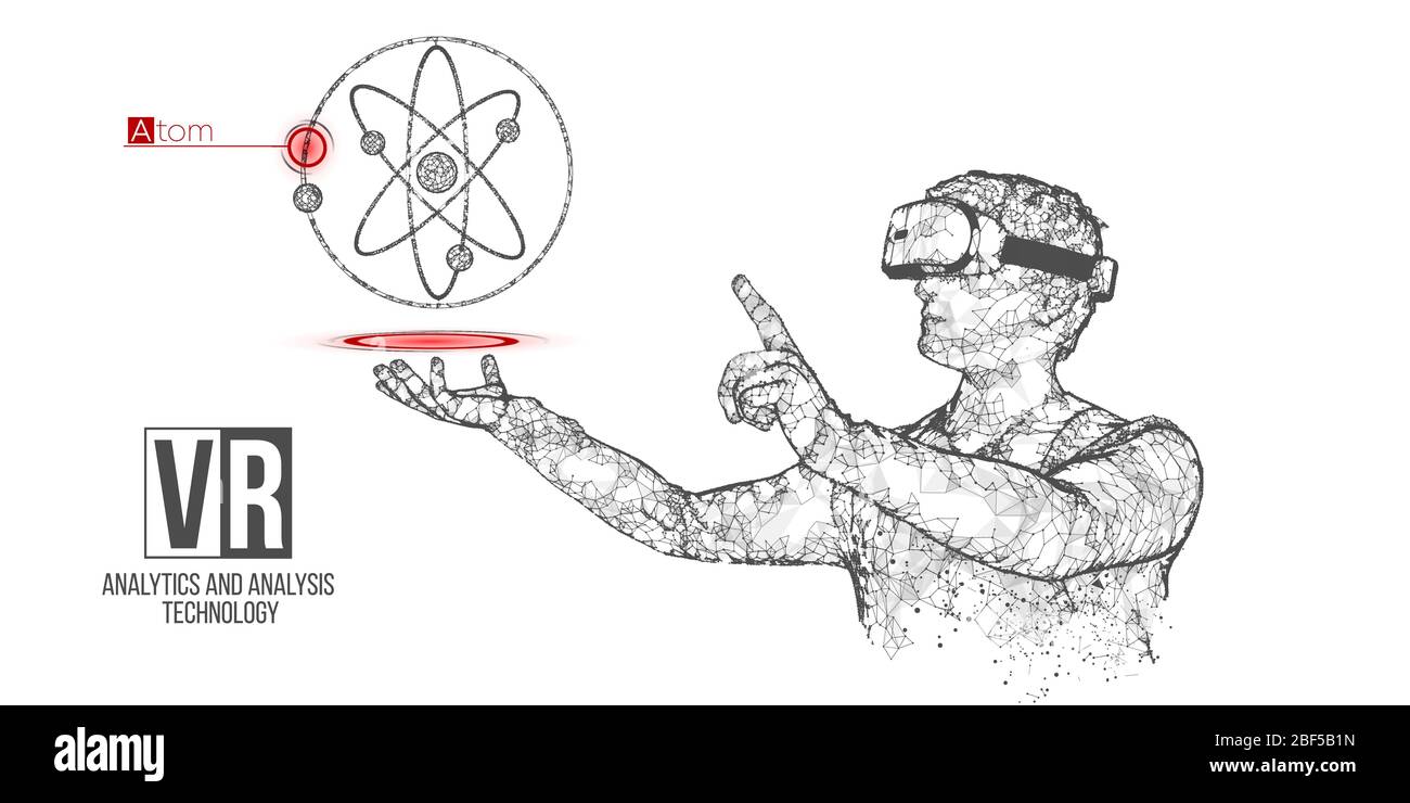 VR Wireframe Headset Vektor Banner. Polygonaler Mann trägt Virtual-Reality-Brille, mit holographischen Atom. Wissenschaft, Diagnostik, virtuelle Analytik Stock Vektor