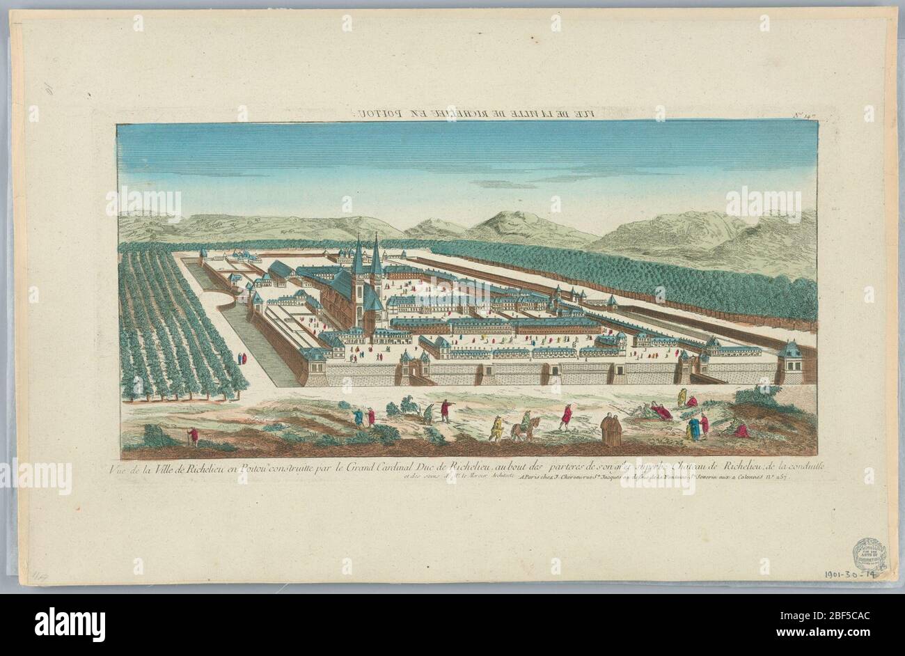 PEEPshow Vue de la Ville de Richelieu en Poitou construitte par le Grand Cardinal Duc de Richelieu au Bout des Parteres de Sougid et Superbe Chateau de Richelieu de la Conduitte Nr. 147. PEEP-Show-Druck Stockfoto