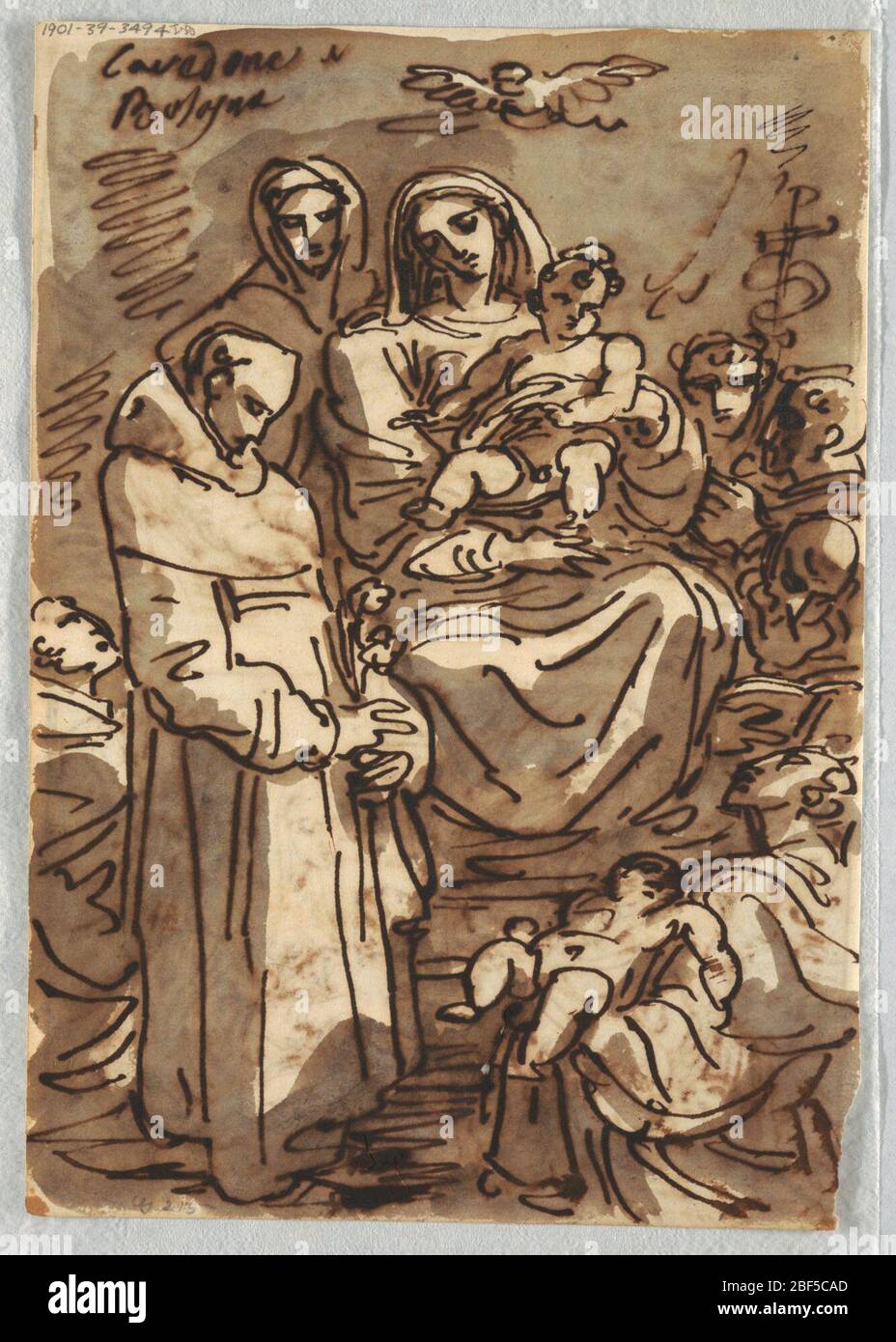 Heilige Dreifaltigkeit mit dem Toten Christus in Herrlichkeit nach Palma Giovane Anbetung der Könige Studie nach Lodovico Carracci. Obere Zeichnung von Reclining Christus Figur auf Wolken unterstützt von Putti und Gott dem Vater. Untere Zeichnung der Anbetung der Könige mit der Heiligen Familie rechts und den Königen links; ein Ochse in der Mitte hinten. Stockfoto