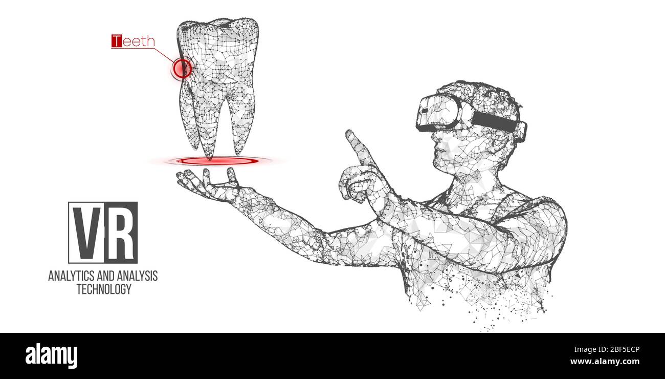 VR Wireframe Headset Vektor Banner. Polygonaler Mann trägt Virtual Reality Brille, mit holographischem Zahn. Wissenschaft, Diagnostik, virtuelle Analytik Stock Vektor
