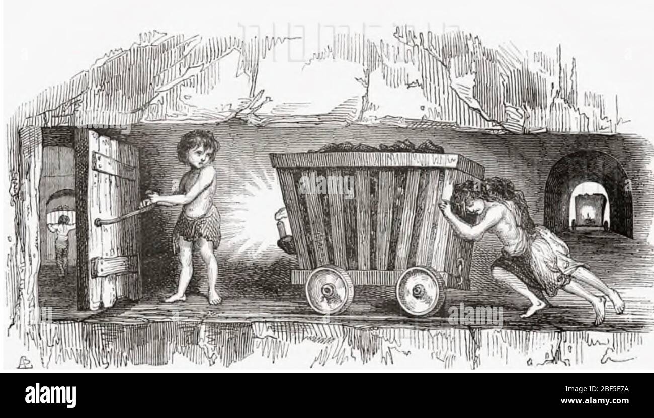 KINDERARBEIT in einer englischen Kohlemine. Veröffentlicht im französischen Magasin Pittoresque im Jahr 1843. Der Trapper öffnet eine Tür, damit die Thruster den Kohlewagen durchschieben können. Stockfoto
