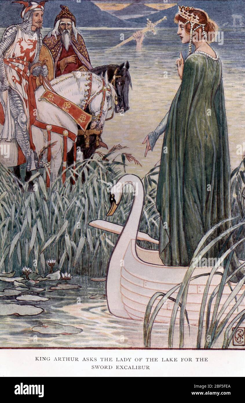 LADY OF THE LAKE trifft König Arthur in einer Illustration von Walter Crane. Stockfoto