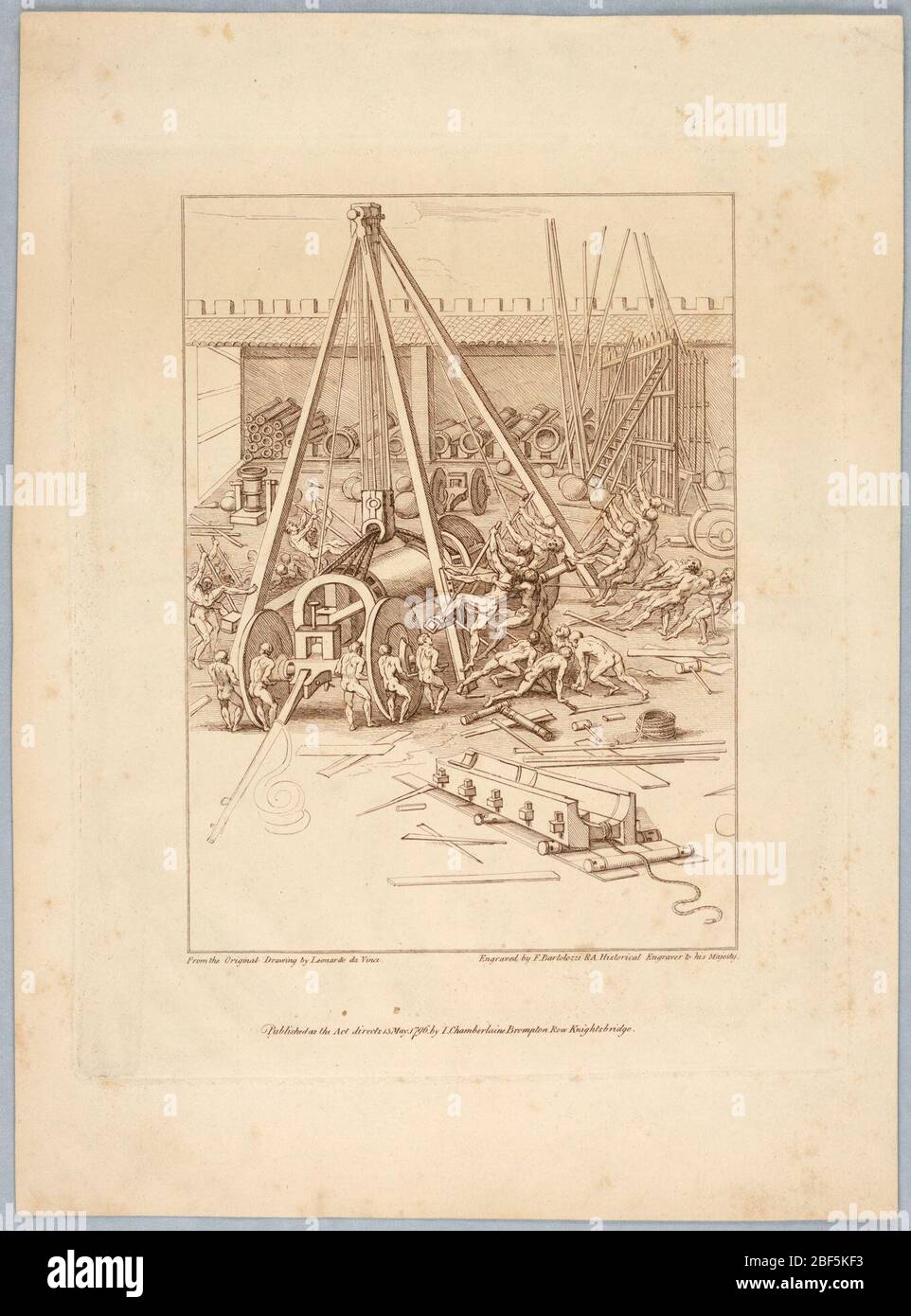 Eine Platte der Mechanik. Männer arbeiten in einem Außenstudio an einem riesigen fahrbaren Approption, unterstützt von einer Holz- und Seilschlinge in der Mitte des Hofes. An der Rückseite befinden sich Gestelle für verschiedene Rohre, und andere Werkzeuge und Materialien liegen verstreut herum. Stockfoto
