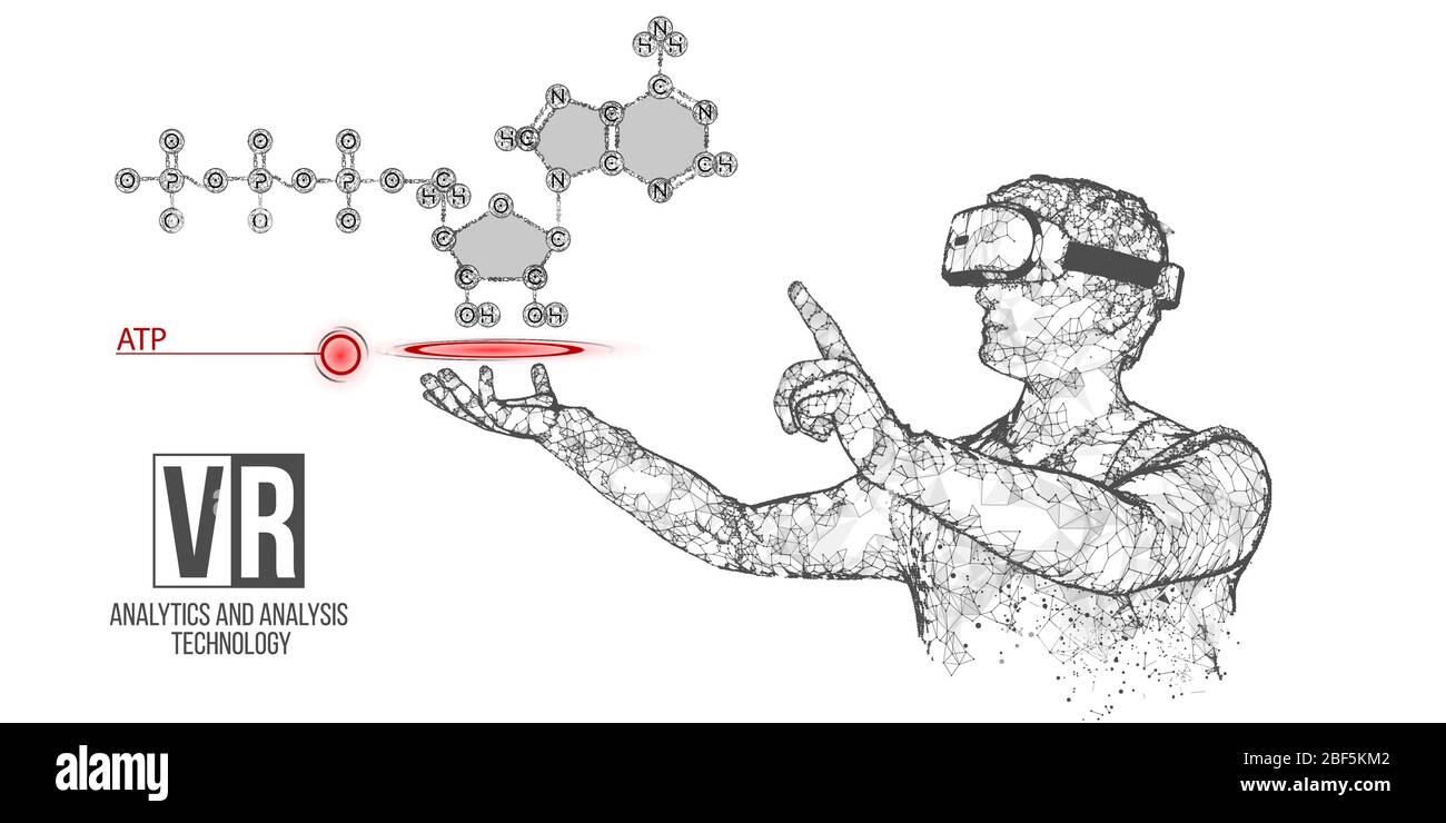 VR Wireframe Headset Vektor Banner. Polygonaler Mann trägt Virtual-Reality-Brille, mit holographischer ATP-Säure. Wissenschaftliche Diagnostik virtuelle Analysen Stock Vektor