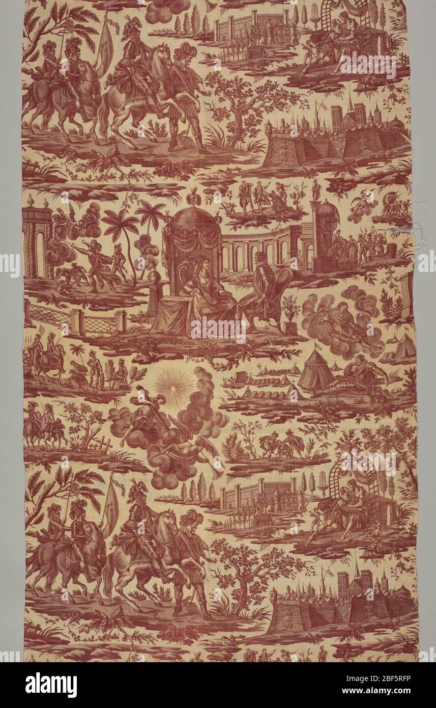 Textil. Mann auf einem Stuhl vor einer Krone Königin von Frankreich, Reiter tragen den Standard von Frankreich, Engel hält eine Krone über dem Kopf eines schlafenden Kriegers, Trompetender Engel Eskorte des Kreuzes, amouröse Szenen, Fontainebleau Palast und andere Szenen. Stockfoto