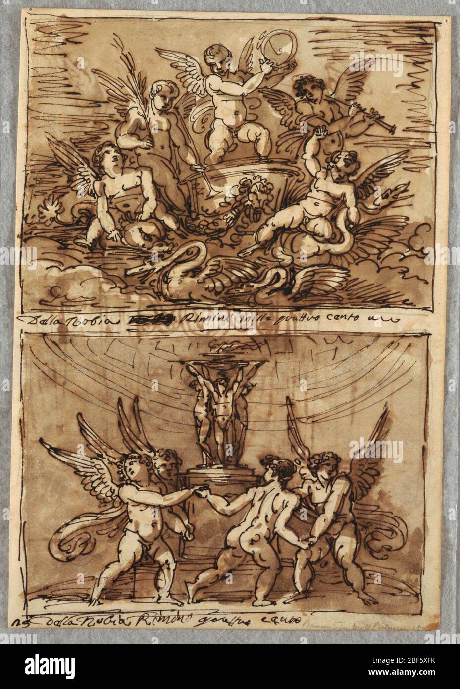 Putti in einem Chariot mit Delfinen und Schwanen. Obere Zeichnung von fünf Putti in und um Wagen gezogen von Schwanen und Delphin. Ein Putto reitet Schwan, während ein anderer Delfin reitet. Andere drei spielen Musikinstrumente. Stockfoto