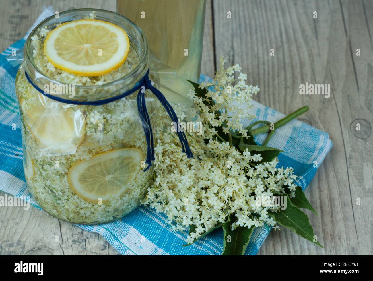 Hausgemachtes Holunderblüten-Sirup mit Zitrone im Glas Stockfoto