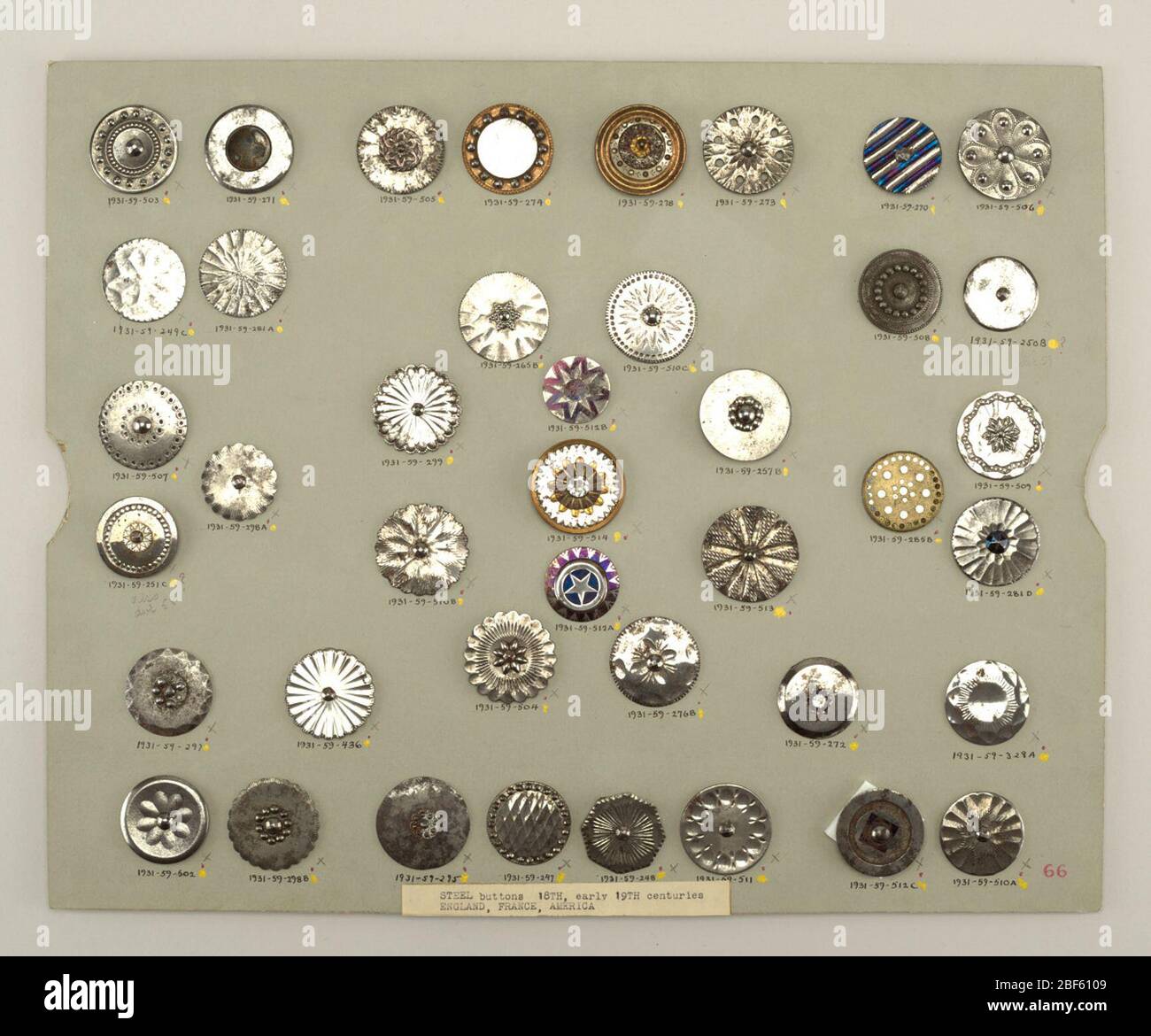 Taste. Flache Knöpfe am Rand mit Ring aus Punkten verziert; kleines Stück Perlmuschel unter boss.Component -c ist auf Karte 66 Stockfoto