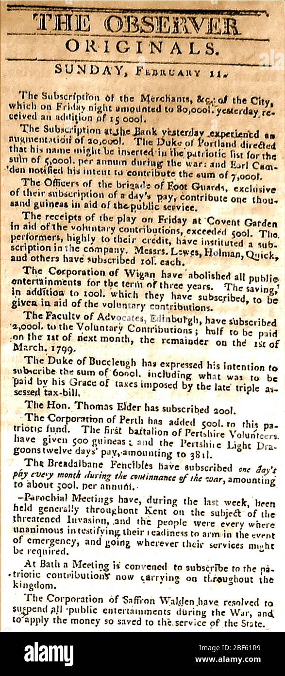 Die Abonnementliste des britischen Nationalfonds 1798 der Zeitung Observer. (Auch bekannt als der Patriotische Fonds für nationale Verteidigung). Die Grundlage des Fonds war die Angst vor einer Invasion. Stockfoto