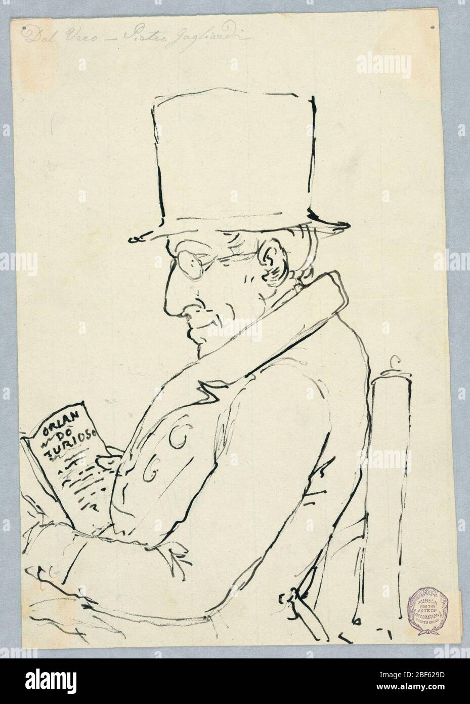 Porträt eines Mannes. Sitzender Mann mit Hut und Brille Gesichter links, Lesen eines Buches mit der Inschrift: Orlando Furioso (ein italienisches Epos). Stockfoto