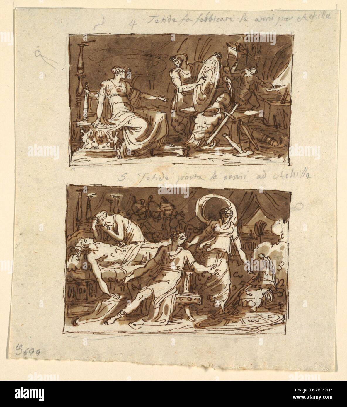 Thetis in der Werkstatt des Hephaestus Thetis zeigt die Rüstung an Achilles zwei Entwürfe für Deckenplatten in der Galeria dIliade Palazzo Milzetti Faenza. In der oberen Zeichnung zeigt Vulcan Schild für Achilles bis Thetis gemacht. In der unteren Zeichnung zeigt Thetis Achilles Rüstung, der in seinem Zelt neben dem toten Patroklus sitzt. Mädchen trauert; Krieger beobachten von hinten. Stockfoto