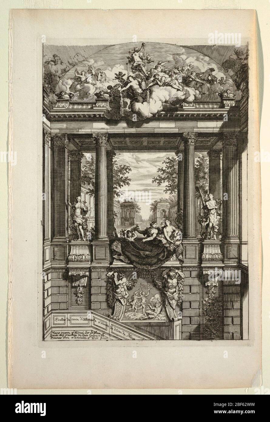 Escallier du comte dAlbemarle a Voorte Treppe des Grafen dAlbemarle de Voorste in Nouveaux livres de peintures de salles et descaliers Neue Bücher über Gemälde für Zimmer und Treppen. Klassische Architektur mit Treppe führt unten. Es ist mit geriffelten korinthischen Säulen, Reliefszenen und Skulpturen dekoriert. Drapierte Figuren sitzen in der Mitte, eine große Gruppe klassischer Figuren auf Wolken schweben darüber. Stockfoto