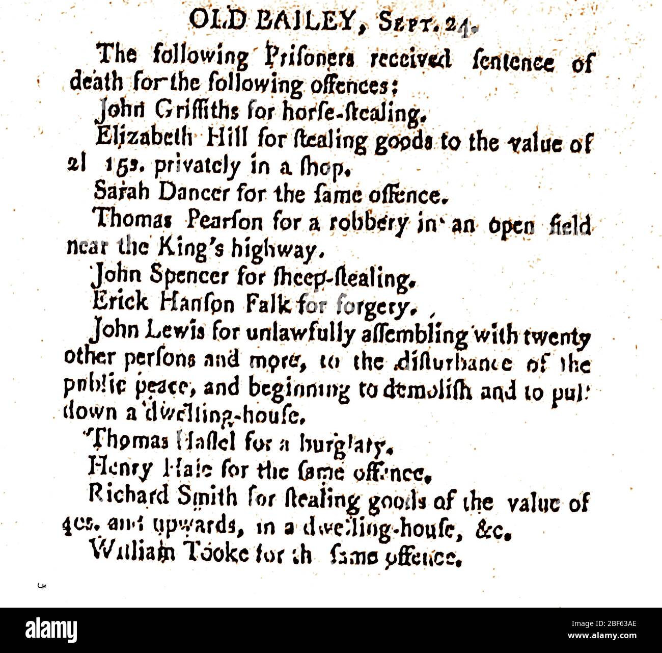 LAW & ORDER - eine englische Presse aus dem 18. Jahrhundert, die aus den 1790er Jahren stammt und die Todesstrafe für Diebstahlverbrechen im Old Bailey, London, berichtet Stockfoto