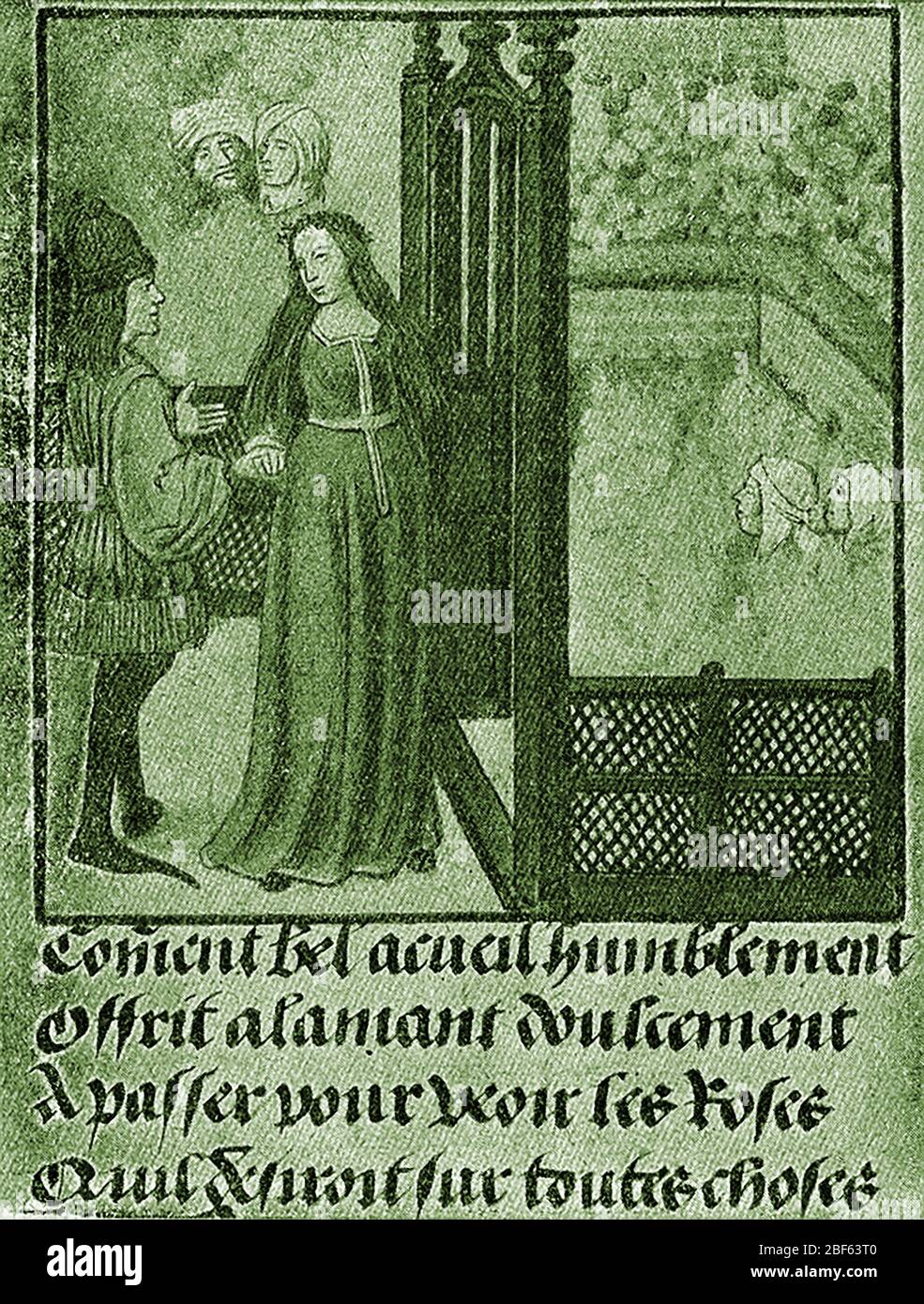 Eine historische französische allegorische Illustration des Empfangs (Begrüßung) von Bel Acueil (Fair Welcome) Stockfoto