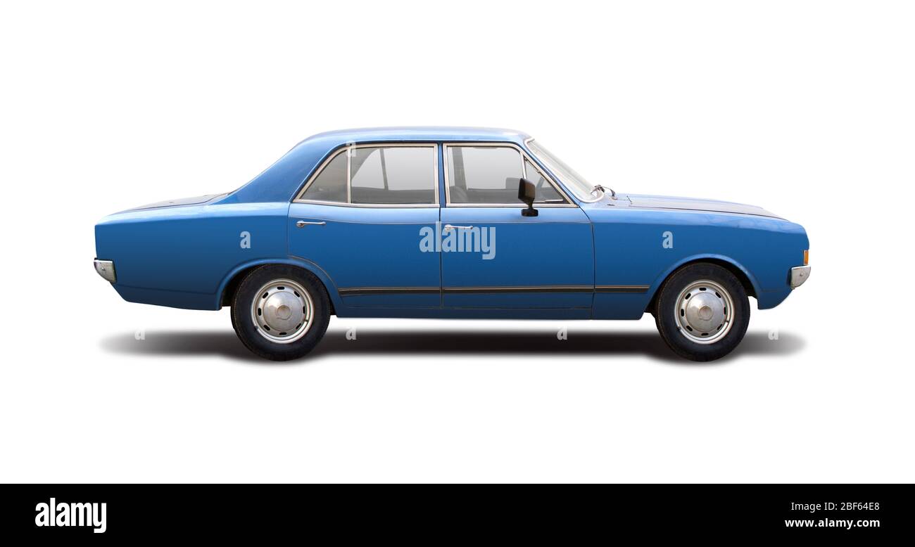 Deutsche Premium Oldtimer Seitenansicht isoliert auf weiß Deutsche klassische blaue Auto Seitenansicht isoliert auf weiß Stockfoto