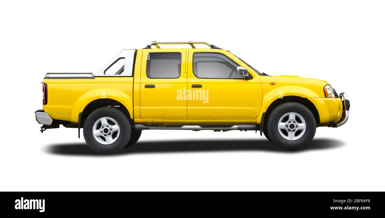 Gelbe Seitenansicht des Pick-up-Staplers isoliert auf weiß Stockfoto