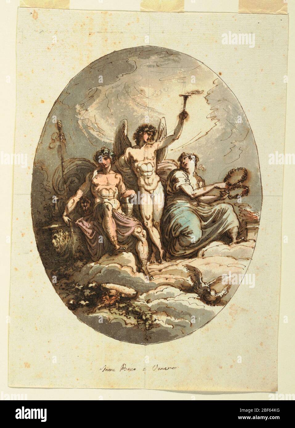 Design für Wand- oder Deckendekoration mit Bacchus Hymen und Venus. Hymen stehend, umarmt Dionysos mit dem rechten Arm und hebt Fackel mit seinem linken Arm. Links sitzt Dionysos auf dem Thron, zusammen mit dem Löwen; er lehnt linke Hand auf Krug, stützt Hand thyrsos mit rechts. Stockfoto