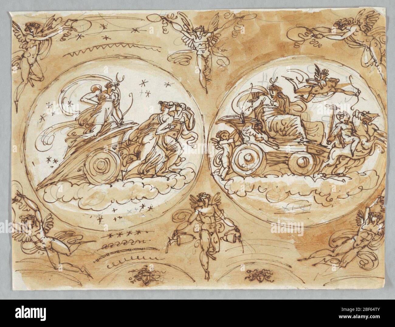 Design mit klassischen und geflügelten Figuren. Zwei angrenzende Rondels mit Szenen mit klassischen und möglicherweise mythologischen Figuren. Sechs geflügelte Figuren entlang des Umfangs des Papiers. Stockfoto