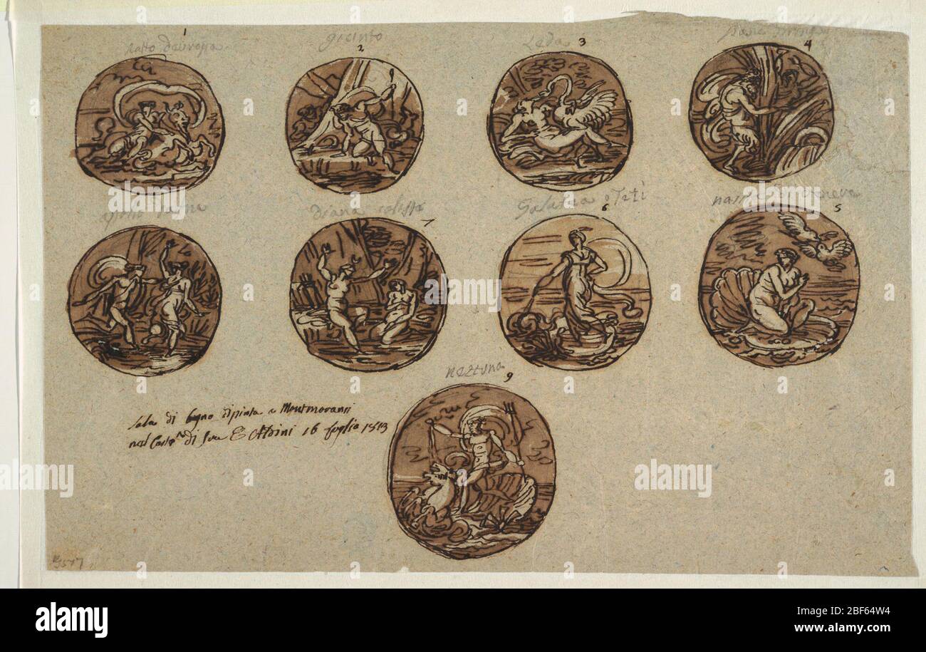 Design für neun Rundgemälde im Badezimmer der Aldini Villa Montmorency Frankreich. Horizontales Rechteck. Neun rundels mit Nummer in brauner Tinte und Inschrift in schwarzer Kreide. Obere Reihe: Europa und Bull. Bildunterschrift: 'Ratto deuropa.' Narzissen, die das Bild im Wasser betrachten; im Hintergrund Echo, links, rechts ein Tier. Stockfoto