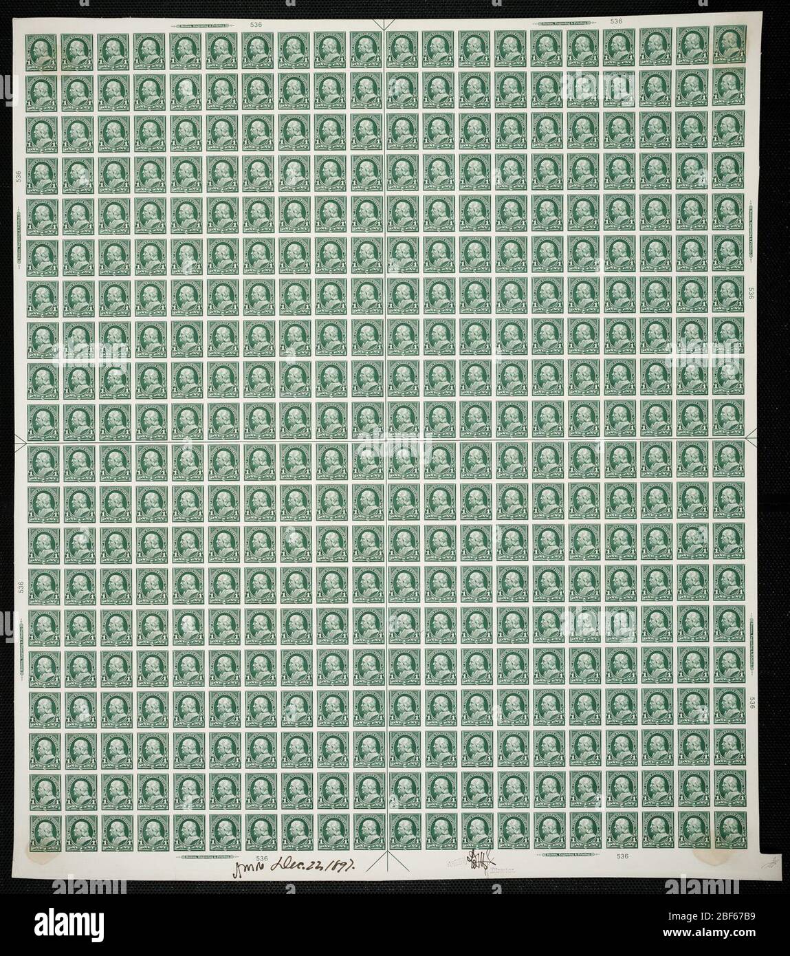 1c Franklin Plattenfest. Zertifizierte Plattenproofs sind der letzte gedruckte Proof der Platte vor dem Druck der Stempel im Büro für Gravur und Druck. Diese Plattenproofs sind jeweils eindeutig, mit den Genehmigungsunterschriften und dem Datum. Stockfoto