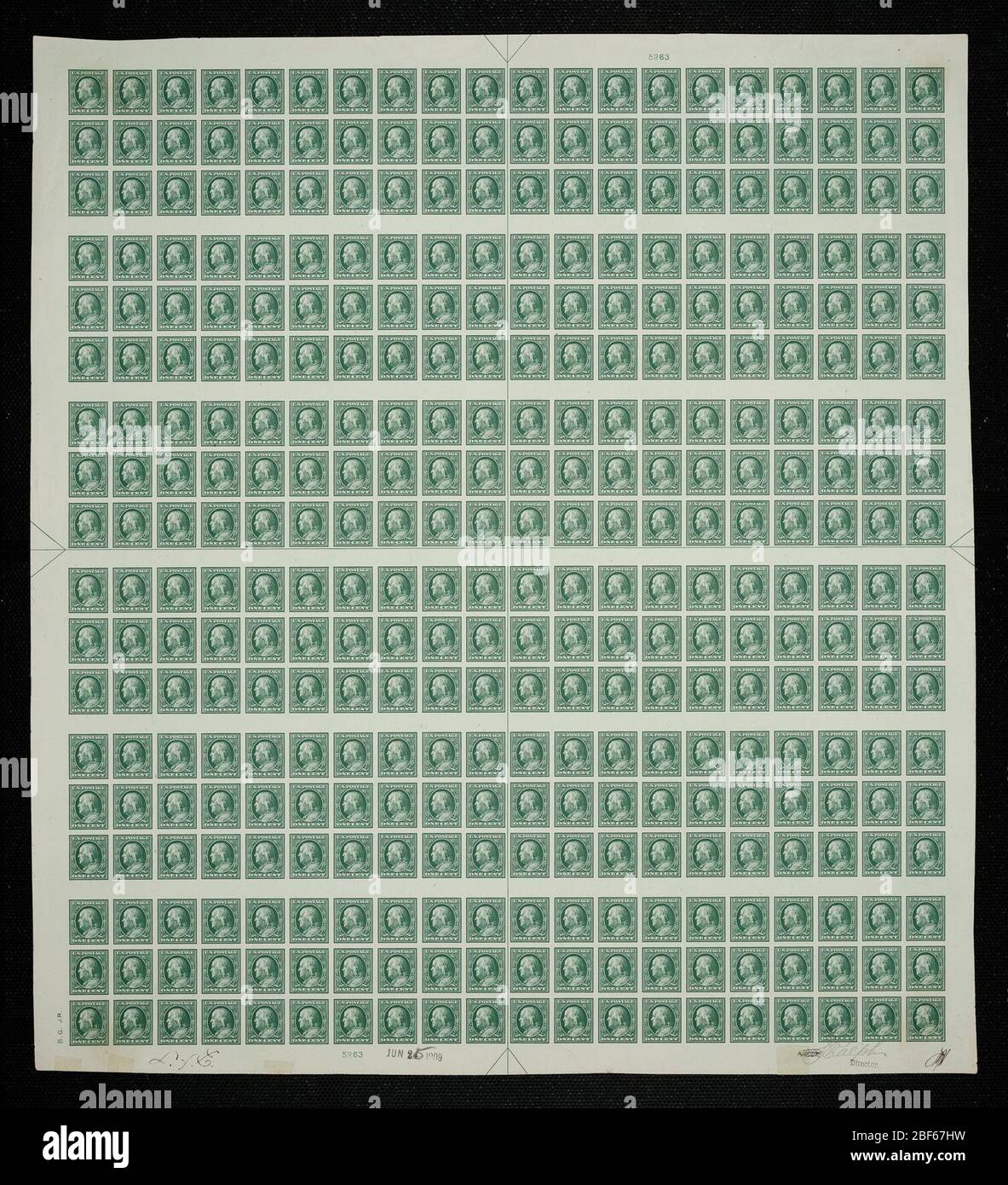 1c Franklin Plattenfest. Zertifizierte Plattenproofs sind der letzte gedruckte Proof der Platte vor dem Druck der Stempel im Büro für Gravur und Druck. Diese Plattenproofs sind jeweils eindeutig, mit den Genehmigungsunterschriften und dem Datum. Stockfoto