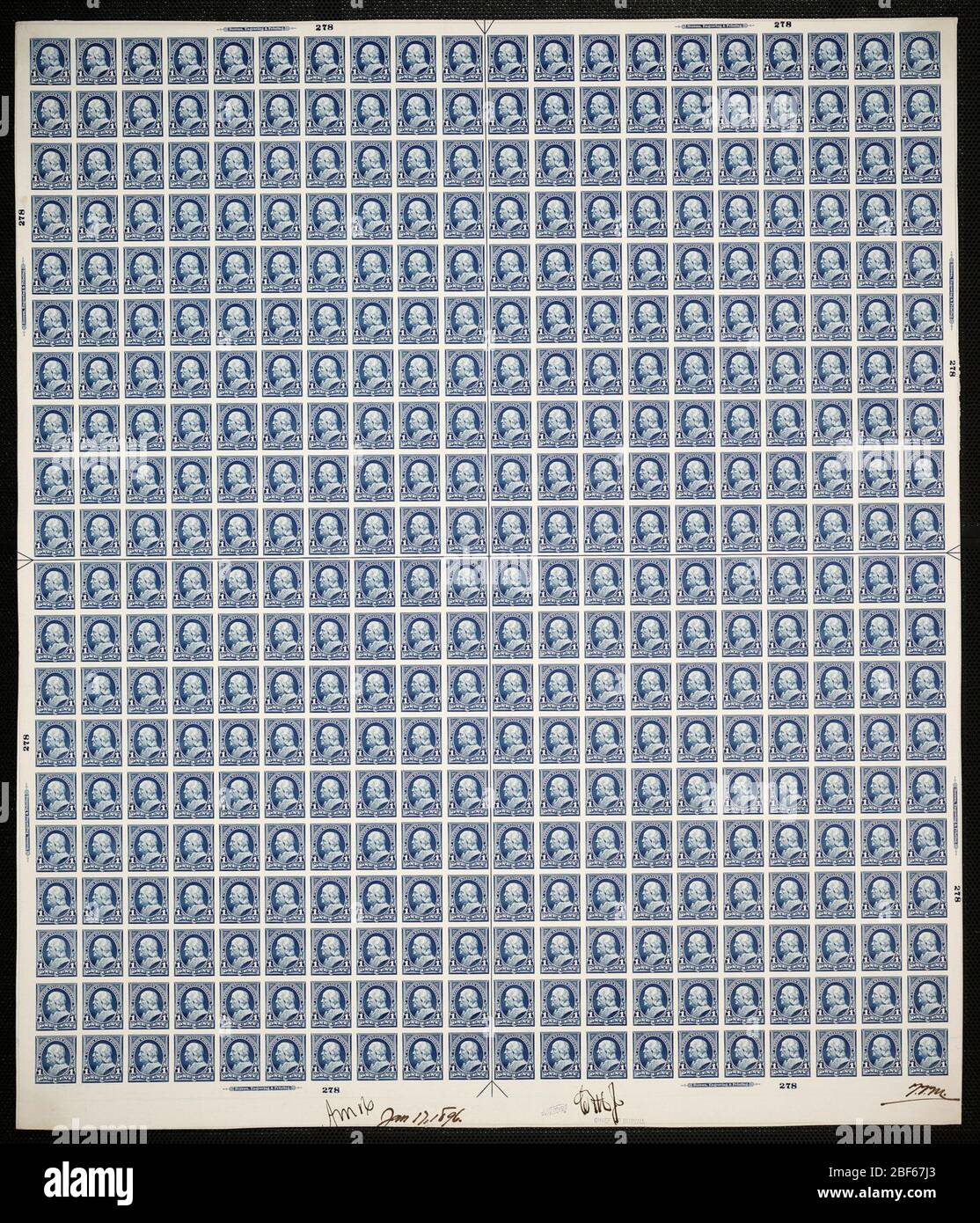 1c Franklin Plattenfest. Zertifizierte Plattenproofs sind der letzte gedruckte Proof der Platte vor dem Druck der Stempel im Büro für Gravur und Druck. Diese Plattenproofs sind jeweils eindeutig, mit den Genehmigungsunterschriften und dem Datum. Stockfoto