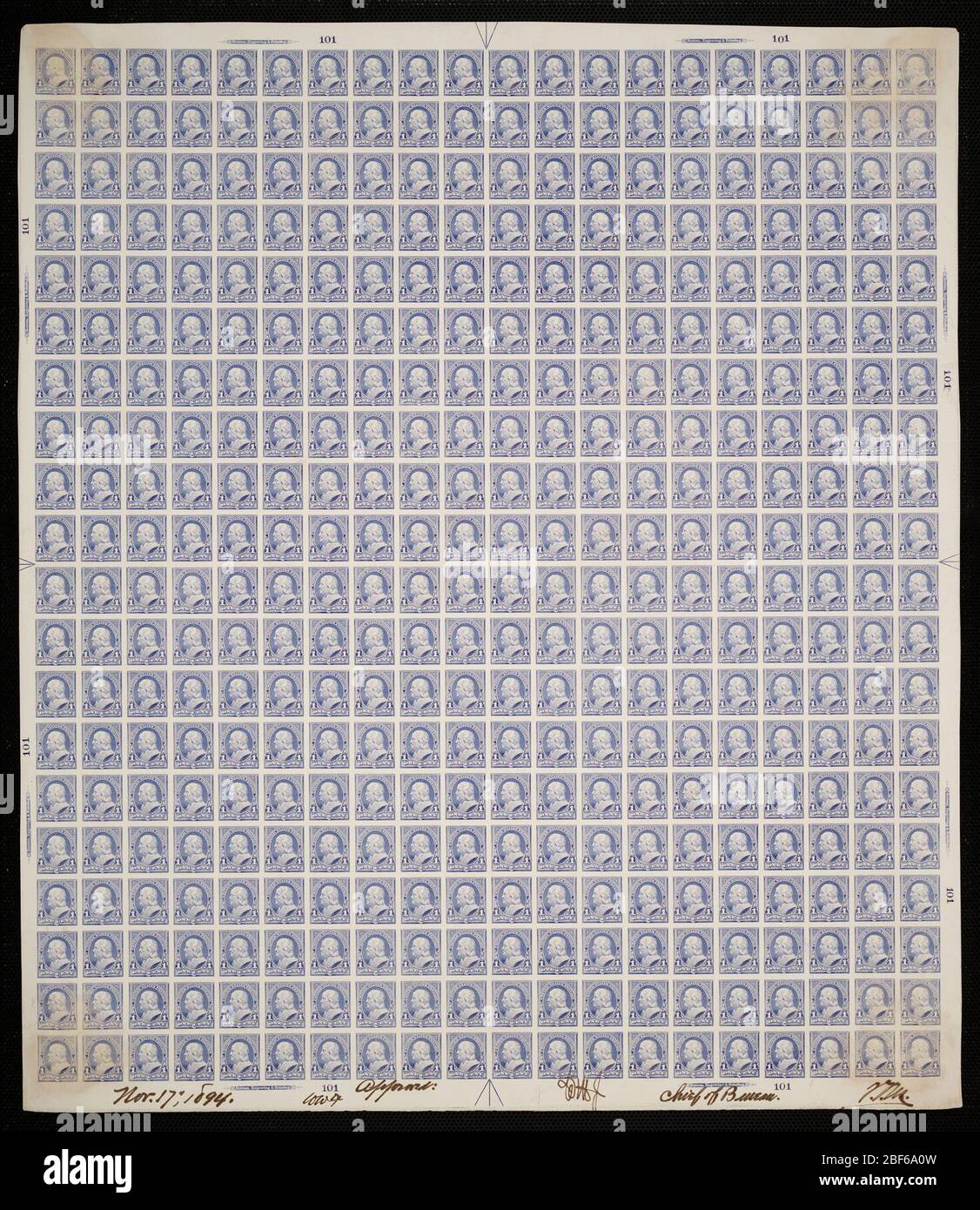 1c Franklin Plattenfest. Zertifizierte Plattenproofs sind der letzte gedruckte Proof der Platte vor dem Druck der Stempel im Büro für Gravur und Druck. Diese Plattenproofs sind jeweils eindeutig, mit den Genehmigungsunterschriften und dem Datum. Stockfoto