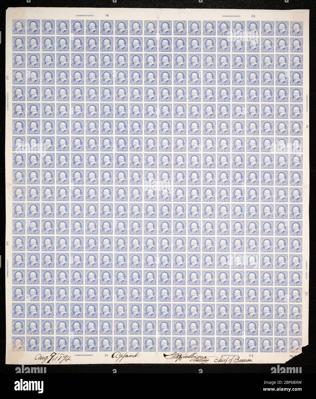 1c Franklin Plattenfest. Zertifizierte Plattenproofs sind der letzte gedruckte Proof der Platte vor dem Druck der Stempel im Büro für Gravur und Druck. Diese Plattenproofs sind jeweils eindeutig, mit den Genehmigungsunterschriften und dem Datum. Stockfoto