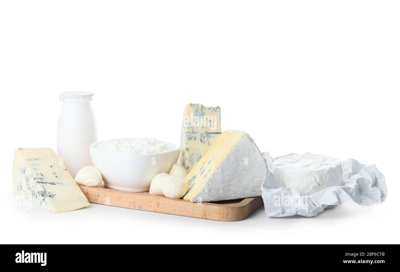 Verschiedenen Milchprodukten auf weißem Hintergrund Stockfotografie Alamy