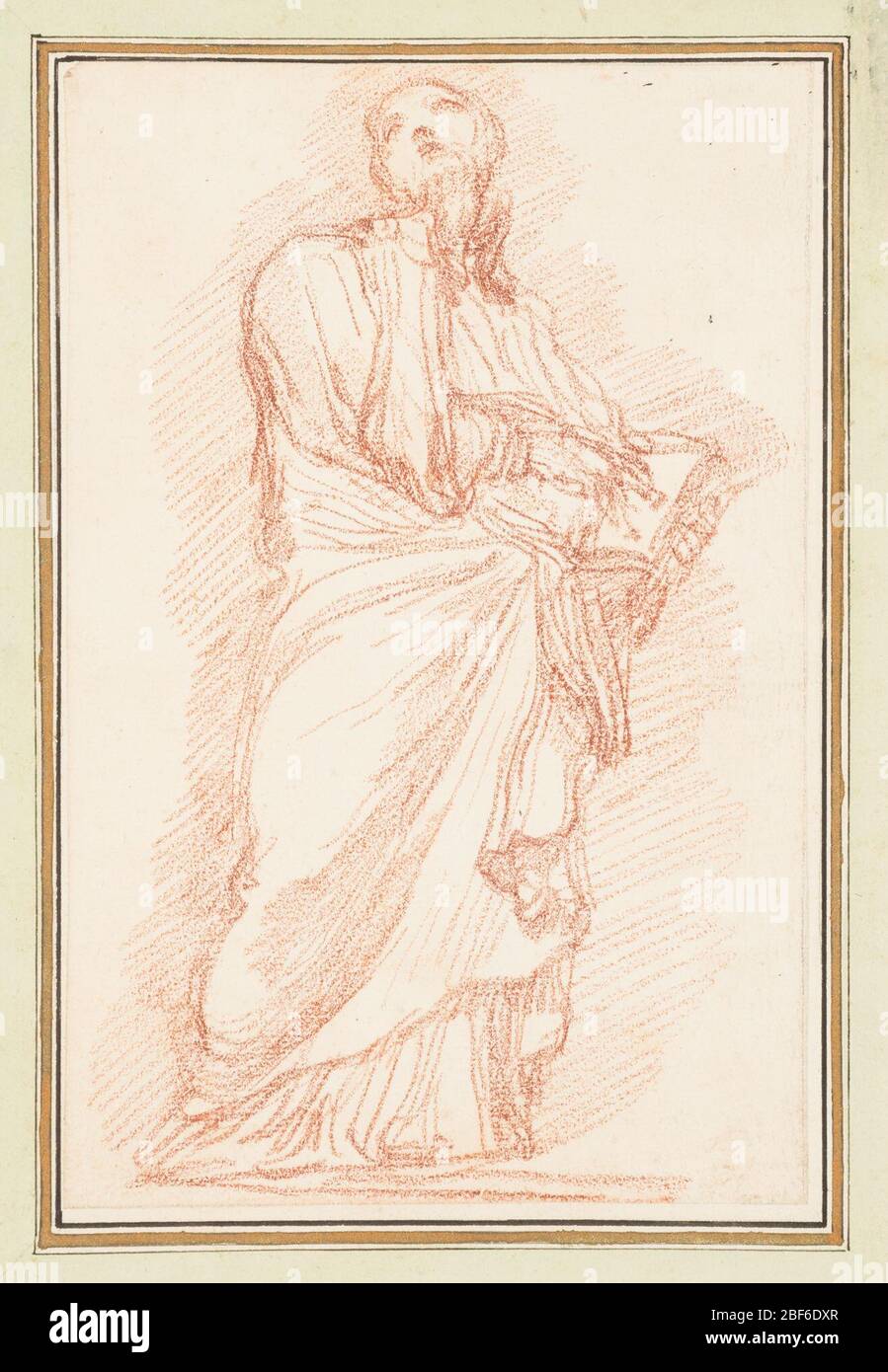 St. Ignatius Loyola von St. Peters Kolonnade. Zeichnung nach Statue von Giovanni Maria de Rossi von St. Ignatius Loyola auf der Nordostkolonnade. Stehend gerobenen Figur hält ein Buch in der linken Hand und zeigt auf sie mit der rechten, aber schaut nach oben und nach rechts. Stockfoto