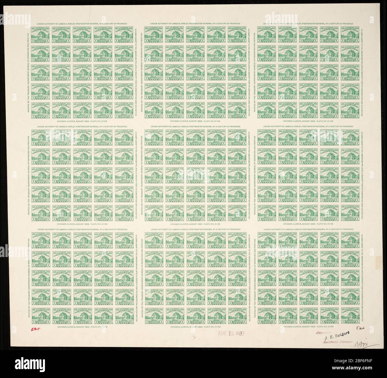 1c Restaurierung von Fort Dearborn Platte Proof. Zertifizierte Plattenproofs sind der letzte gedruckte Proof der Platte vor dem Druck der Stempel im Büro für Gravur und Druck. Diese Plattenproofs sind jeweils eindeutig, mit den Genehmigungsunterschriften und dem Datum. Stockfoto
